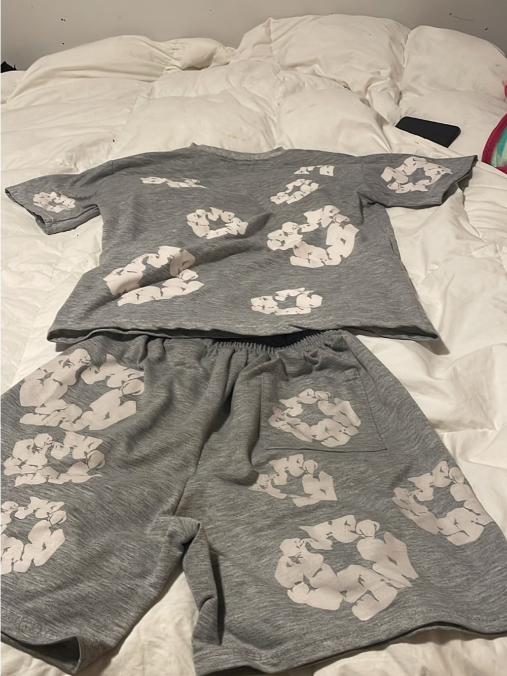 Kids Gray Floral-Print Pajama Set with Soft Pink Accents